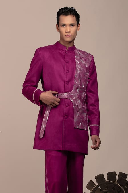 Shop_Beejoliyo_Purple Suede Geometric Embroidery Mauve Jacket And Pant Set _Online_at_Aza_Fashions