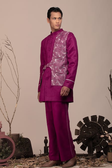Beejoliyo_Purple Suede Geometric Embroidery Mauve Jacket And Pant Set _at_Aza_Fashions