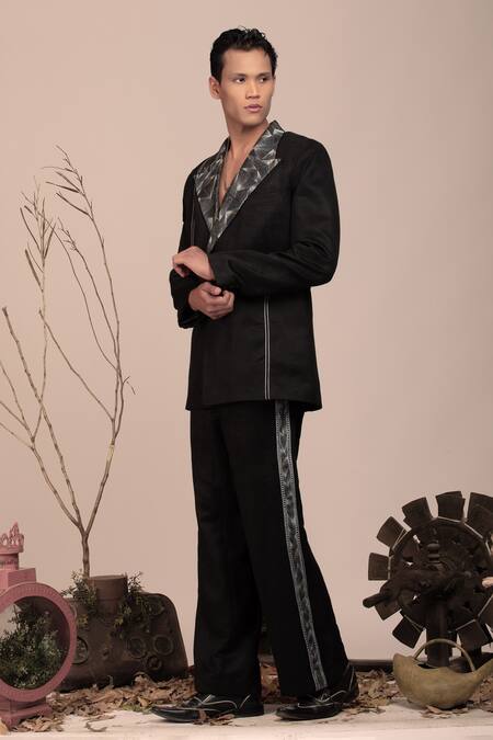 Beejoliyo Black Suede Geometric Embroidery Blazer And Pant Online at Aza Fashions Beejoliyo_Black Suede Geometric Embroidery Blazer And Pant _Online_at_Aza_Fashions