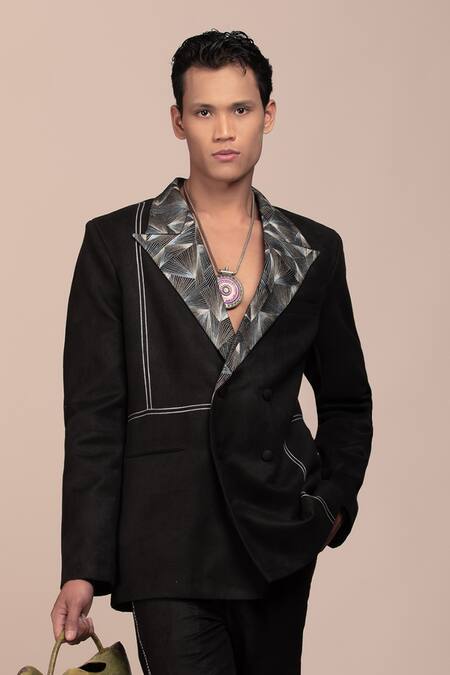 Shop Beejoliyo Black Suede Geometric Embroidery Blazer And Pant Online at Aza Fashions Shop_Beejoliyo_Black Suede Geometric Embroidery Blazer And Pant _Online_at_Aza_Fashions