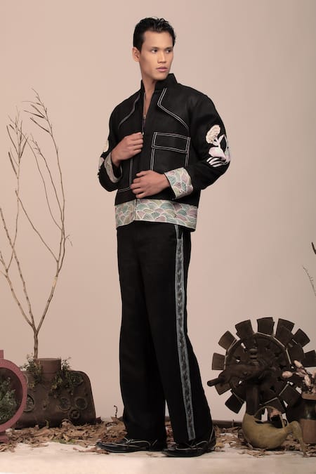 Beejoliyo_Black Suede "embroidered Floral Jacket And Pant Set _Online_at_Aza_Fashions