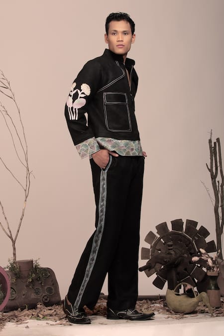 Buy_Beejoliyo_Black Suede "embroidered Floral Jacket And Pant Set _Online_at_Aza_Fashions