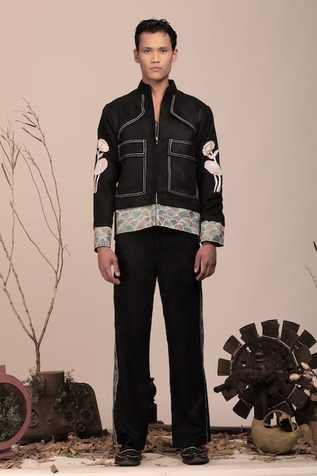 Shop_Beejoliyo_Black Suede "embroidered Floral Jacket And Pant Set _Online_at_Aza_Fashions