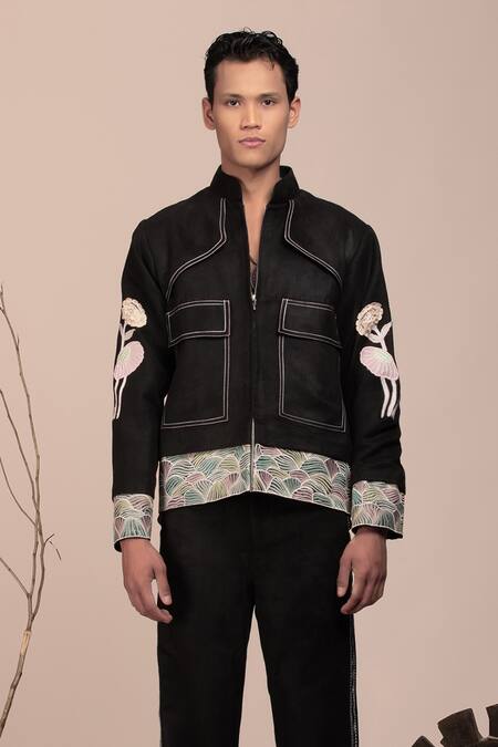 Beejoliyo_Black Suede "embroidered Floral Jacket And Pant Set _at_Aza_Fashions