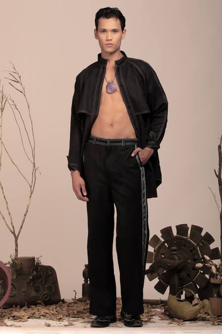 Beejoliyo_Black Suede Floral Embroidery Oversized Shacket Set _Online_at_Aza_Fashions