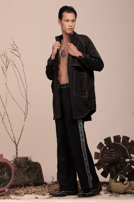 Buy_Beejoliyo_Black Suede Floral Embroidery Oversized Shacket Set _Online_at_Aza_Fashions