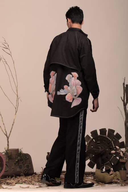 Shop_Beejoliyo_Black Suede Floral Embroidery Oversized Shacket Set _Online_at_Aza_Fashions