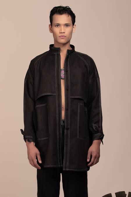 Beejoliyo_Black Suede Floral Embroidery Oversized Shacket Set _at_Aza_Fashions