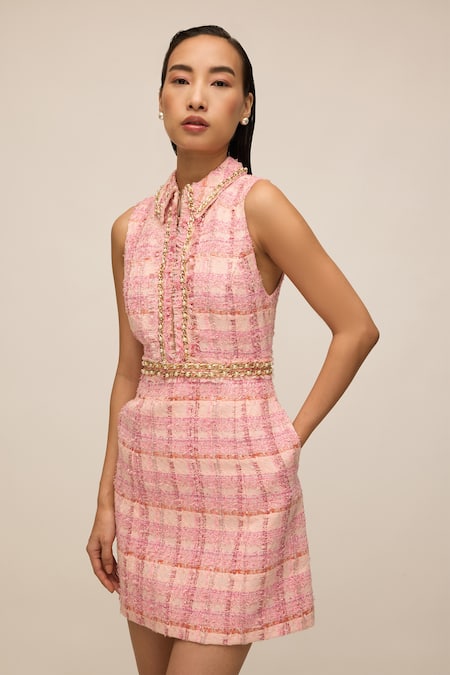 House Of Eda_Pink Shell 100% Wool Hand Embellished Pearl Collared Tweed Dress _Online_at_Aza_Fashions
