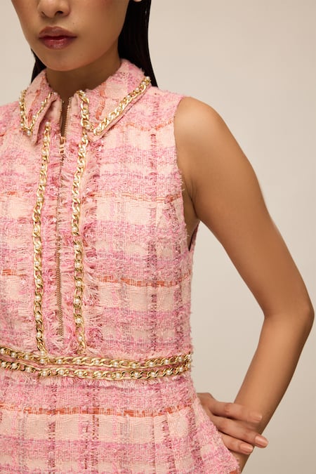 Buy_House Of Eda_Pink Shell 100% Wool Hand Embellished Pearl Collared Tweed Dress _Online_at_Aza_Fashions