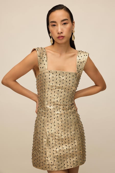House Of Eda_Gold Viscose Sequins, Crystals Square Neck Hand Embellished Short Dress _Online_at_Aza_Fashions