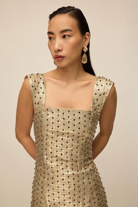 Buy_House Of Eda_Gold Viscose Sequins, Crystals Square Neck Hand Embellished Short Dress _Online_at_Aza_Fashions