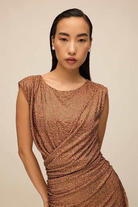 House Of Eda_Brown 100% Nylon Hand Embellished Crystal Round Draped Midi Dress With _Online_at_Aza_Fashions