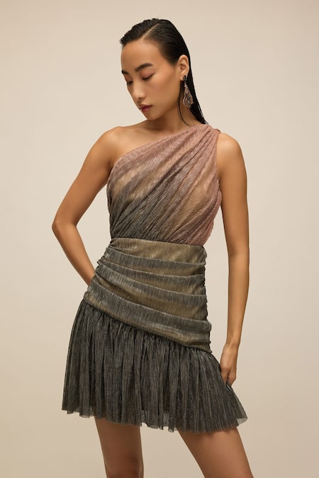 Buy_House Of Eda_Green Silk Lurex Yarn Ruched One Shoulder Ombre Dress _Online_at_Aza_Fashions