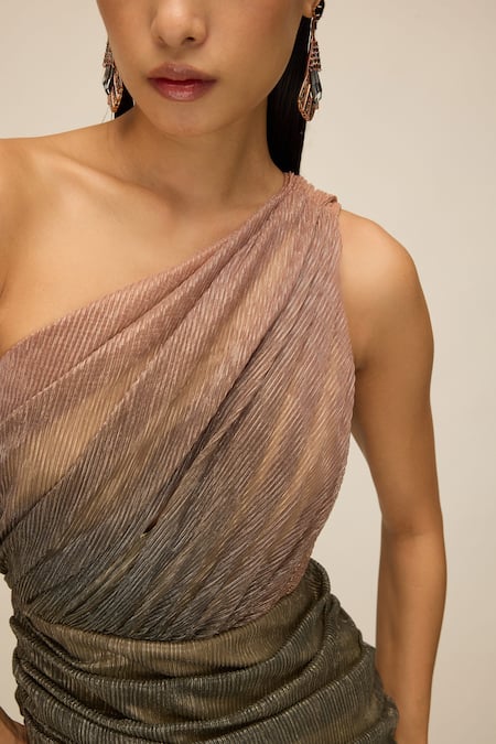 Shop_House Of Eda_Green Silk Lurex Yarn Ruched One Shoulder Ombre Dress _Online_at_Aza_Fashions