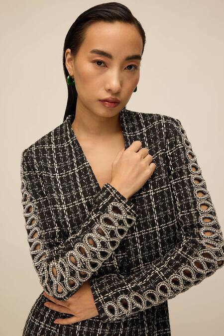 House Of Eda Black Crystals, Beads Square , Open Embellished Dress And Jacket Set at Aza Fashions House Of Eda_Black Crystals, Beads Square , Open Embellished Dress And Jacket Set _at_Aza_Fashions