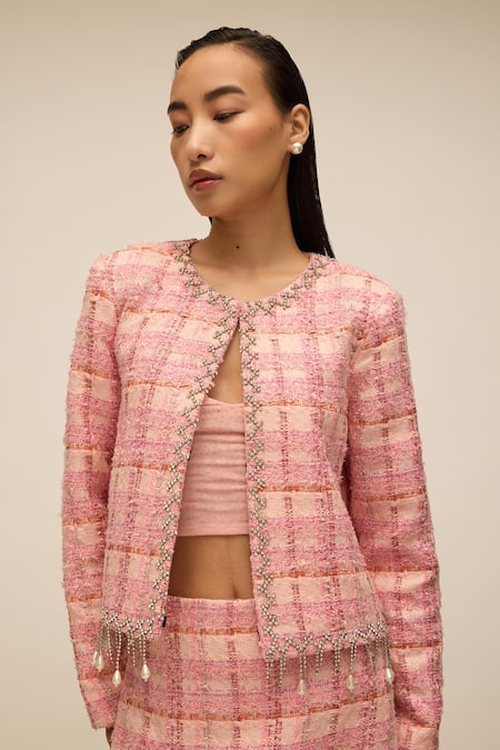 House Of Eda_Pink 100% Nylon Tuller Hand Embellished Crystal Round Jacket And Skirt Set _Online_at_Aza_Fashions