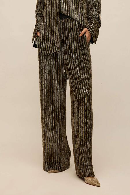 House Of Eda_Black 100% Silk Hand Embellished Sequin Collared Shirt And Pant Set _Online_at_Aza_Fashions