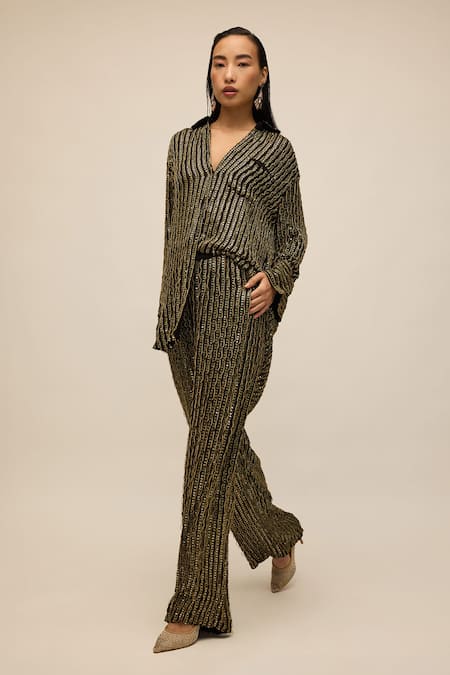 Buy_House Of Eda_Black 100% Silk Hand Embellished Sequin Collared Shirt And Pant Set _Online_at_Aza_Fashions