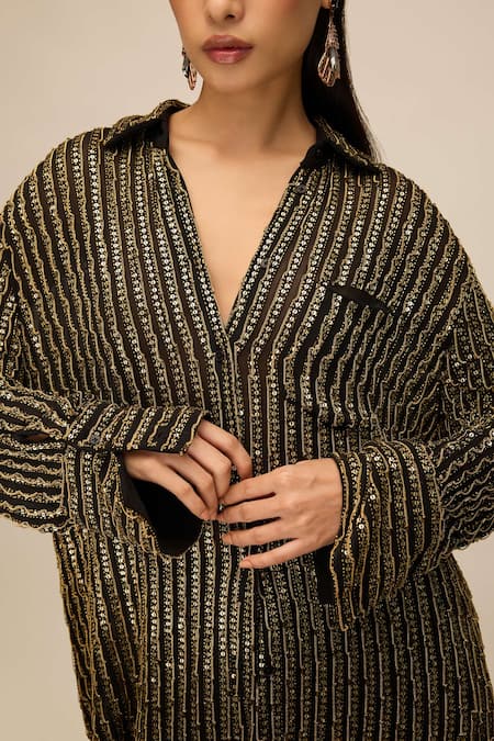 Shop_House Of Eda_Black 100% Silk Hand Embellished Sequin Collared Shirt And Pant Set _Online_at_Aza_Fashions