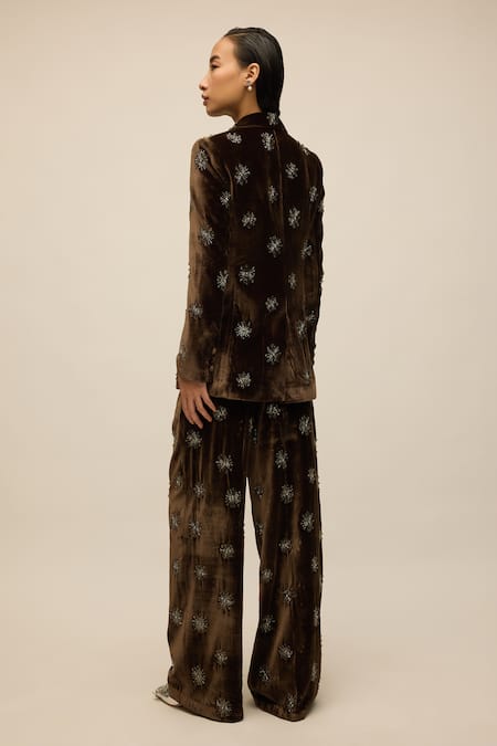 House Of Eda Brown Hand Embellished Blazer Set 