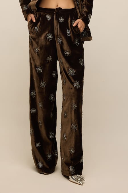 House Of Eda_Brown Silk, Velvet Beads, Applique V-neck Hand Embellished Blazer Set _Online_at_Aza_Fashions