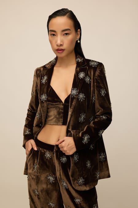 Buy_House Of Eda_Brown Silk, Velvet Beads, Applique V-neck Hand Embellished Blazer Set _Online_at_Aza_Fashions