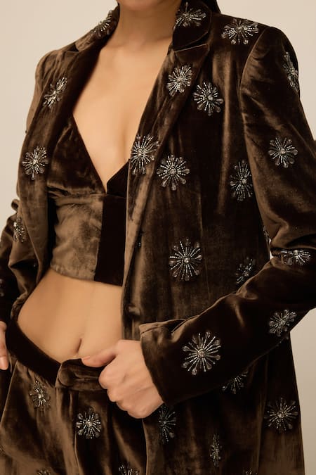 Shop_House Of Eda_Brown Silk, Velvet Beads, Applique V-neck Hand Embellished Blazer Set _Online_at_Aza_Fashions