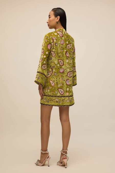 Shop House Of Eda Green Silk, Velvet Embroidery High Neck Paisley Dress at Aza Fashions Shop_House Of Eda_Green Silk, Velvet Embroidery High Neck Paisley Dress _at_Aza_Fashions