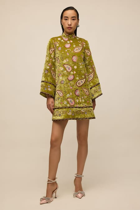 House Of Eda Green Silk, Velvet Embroidery High Neck Paisley Dress Online at Aza Fashions House Of Eda_Green Silk, Velvet Embroidery High Neck Paisley Dress _Online_at_Aza_Fashions