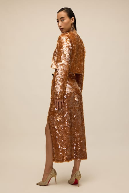 Shop House Of Eda Brown 100% Polyester Embellished Sequin Round Skirt Set at Aza Fashions Shop_House Of Eda_Brown 100% Polyester Embellished Sequin Round Skirt Set _at_Aza_Fashions