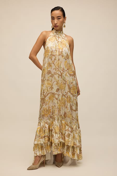 House Of Eda_Gold Shell 100% Viscose Printed Floral Halter Maxi Dress _Online_at_Aza_Fashions