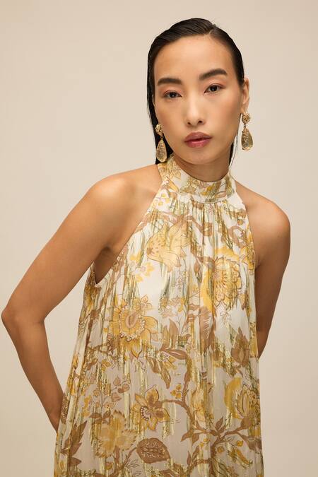 Buy_House Of Eda_Gold Shell 100% Viscose Printed Floral Halter Maxi Dress _Online_at_Aza_Fashions