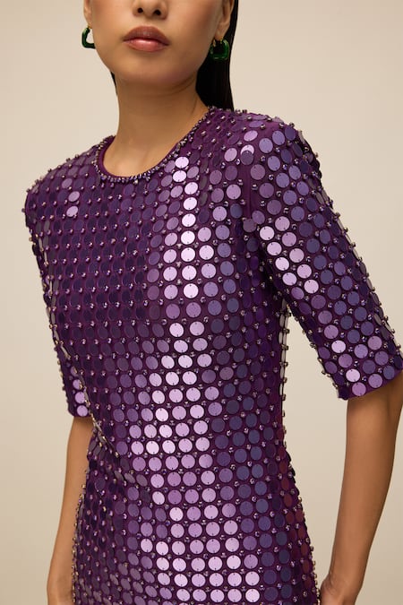 House Of Eda_Purple Nylon Sequins, Crystals Round Neck Berry Embellished Dress _Online_at_Aza_Fashions
