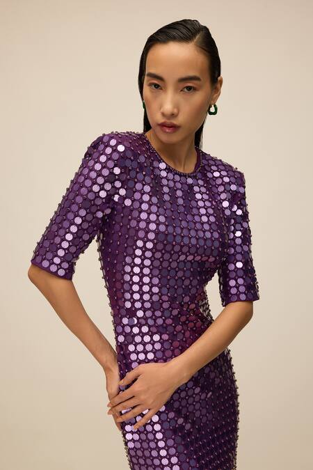 Buy_House Of Eda_Purple Nylon Sequins, Crystals Round Neck Berry Embellished Dress _Online_at_Aza_Fashions
