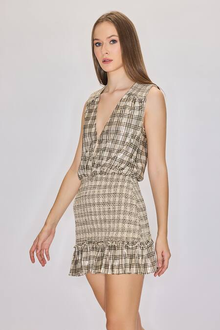 House Of Eda_Beige 100% Viscose Print Checkered Plunge V Neck Tiered Mini Dress _Online_at_Aza_Fashions