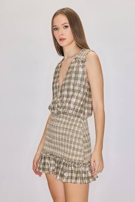 Buy_House Of Eda_Beige 100% Viscose Print Checkered Plunge V Neck Tiered Mini Dress _Online_at_Aza_Fashions