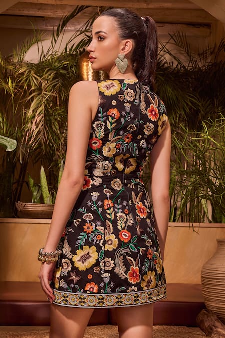 Shop House Of Eda Black Cotton, Polyester Embroidery Boat Neck Floral Applique Mini Dress at Aza Fashions Shop_House Of Eda_Black Cotton, Polyester Embroidery Boat Neck Floral Applique Mini Dress _at_Aza_Fashions