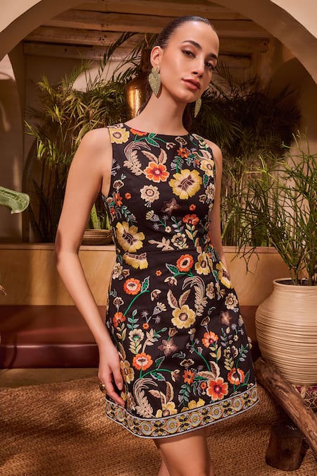 House Of Eda Black Cotton, Polyester Embroidery Boat Neck Floral Applique Mini Dress Online at Aza Fashions House Of Eda_Black Cotton, Polyester Embroidery Boat Neck Floral Applique Mini Dress _Online_at_Aza_Fashions