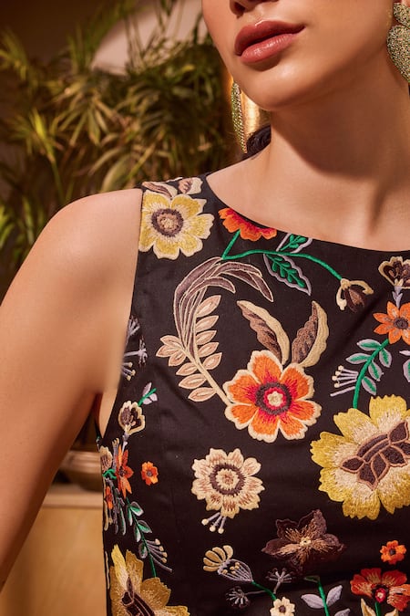 Buy House Of Eda Black Cotton, Polyester Embroidery Boat Neck Floral Applique Mini Dress Online at Aza Fashions Buy_House Of Eda_Black Cotton, Polyester Embroidery Boat Neck Floral Applique Mini Dress _Online_at_Aza_Fashions