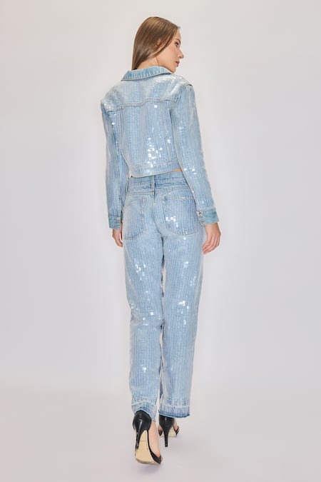 Shop House Of Eda Blue 99% Cotton Hand Embellished Sequin Collar Jacket And Pant Set at Aza Fashions Shop_House Of Eda_Blue 99% Cotton Hand Embellished Sequin Collar Jacket And Pant Set _at_Aza_Fashions