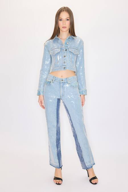 House Of Eda Blue 99% Cotton Hand Embellished Sequin Collar Jacket And Pant Set Online at Aza Fashions House Of Eda_Blue 99% Cotton Hand Embellished Sequin Collar Jacket And Pant Set _Online_at_Aza_Fashions