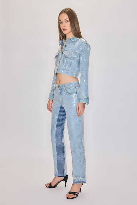 Shop House Of Eda Blue 99% Cotton Hand Embellished Sequin Collar Jacket And Pant Set Online at Aza Fashions Shop_House Of Eda_Blue 99% Cotton Hand Embellished Sequin Collar Jacket And Pant Set _Online_at_Aza_Fashions