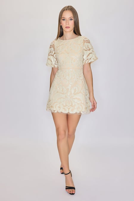House Of Eda Ivory Nylon, Polyester Sequins, Beads Boat Neck Embellished Mini Dress Online at Aza Fashions House Of Eda_Ivory Nylon, Polyester Sequins, Beads Boat Neck Embellished Mini Dress _Online_at_Aza_Fashions