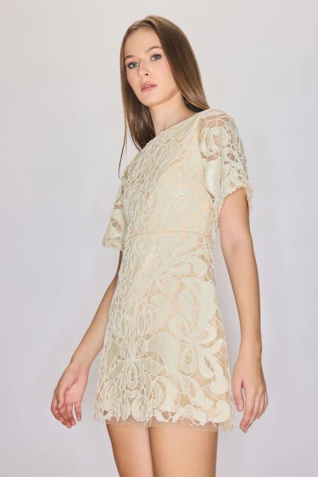 Buy House Of Eda Ivory Nylon, Polyester Sequins, Beads Boat Neck Embellished Mini Dress Online at Aza Fashions Buy_House Of Eda_Ivory Nylon, Polyester Sequins, Beads Boat Neck Embellished Mini Dress _Online_at_Aza_Fashions