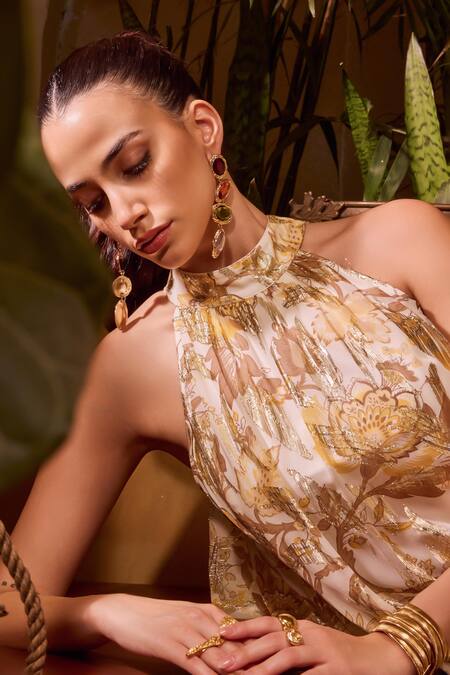 Buy House Of Eda Ivory 100% Viscose Print Floral Halter Tiered Mini Dress Online at Aza Fashions Buy_House Of Eda_Ivory 100% Viscose Print Floral Halter Tiered Mini Dress _Online_at_Aza_Fashions