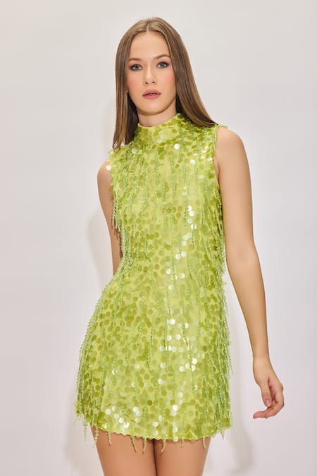 Buy House Of Eda Green Silk Sequins, Beads High Neck Hand Embellished Mini Dress Online at Aza Fashions Buy_House Of Eda_Green Silk Sequins, Beads High Neck Hand Embellished Mini Dress _Online_at_Aza_Fashions