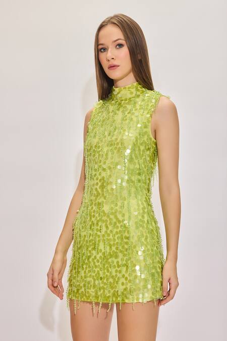 Shop House Of Eda Green Silk Sequins, Beads High Neck Hand Embellished Mini Dress Online at Aza Fashions Shop_House Of Eda_Green Silk Sequins, Beads High Neck Hand Embellished Mini Dress _Online_at_Aza_Fashions