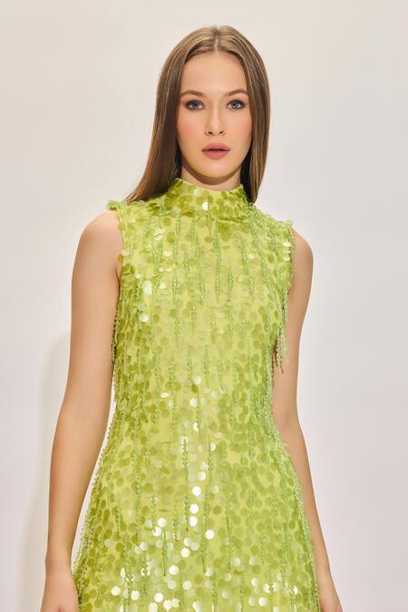 Buy House Of Eda Green Silk Sequins, Beads High Neck Hand Embellished Mini Dress Buy_House Of Eda_Green Silk Sequins, Beads High Neck Hand Embellished Mini Dress