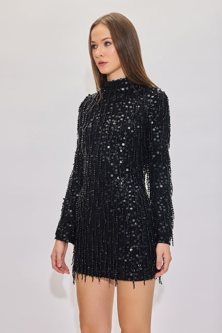 Buy House Of Eda Black Sequins High Neck Hand Embellished Fringe Dress Online at Aza Fashions Buy_House Of Eda_Black Sequins High Neck Hand Embellished Fringe Dress _Online_at_Aza_Fashions